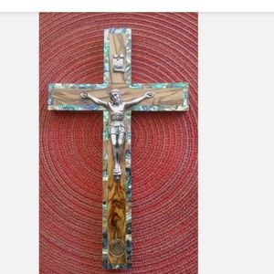 Handmade olive wood hanging cross 10"